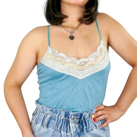 Vintage Tops - Y2k Xhiliration Blue Lace Cami Top Small Coquette Baby Doll Small